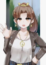 Rule 34 | 1girl, areku 00, breasts, brown hair, earrings, fatal fury, highres, jacket, jewelry, large breasts, long hair, long sleeves, peace symbol, ponytail, shiranui mai, the king of fighters