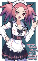 Rule 34 | 1girl, :d, apron, collarbone, dress, duel monster, english text, fang, hand on own hip, highres, long sleeves, looking at viewer, maid, maid apron, maid headdress, open mouth, pantyhose, print pantyhose, skull and crossbones, smile, solo, tour guide from the underworld, twintails, wadatsumi (sense11531153), yu-gi-oh!