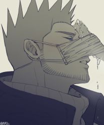 Rule 34 | 2boys, alternate hairstyle, bara, beard, blue eyes, boku no hero academia, cum, cumdrip, endeavor (boku no hero academia), facial, facial hair, fellatio, fellatio under mask, from side, greyscale, highres, male focus, mask, mask lift, mature male, monochrome, mouth mask, multiple boys, nnx2 (hoev sr srnghae), oral, penis, penis on face, short hair, solo focus, spiked hair, spot color, stubble, yaoi