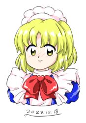 Rule 34 | 1girl, 2023, blonde hair, bow, bowtie, closed mouth, dated, maid headdress, mugetsu (touhou), nonamejd, official style, red bow, red bowtie, short hair, simple background, smile, solo, touhou, touhou (pc-98), upper body, white background, yellow eyes, zun (style)