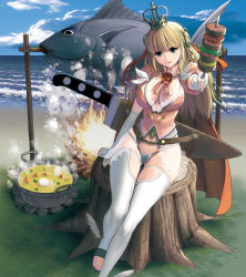Rule 34 | 10s, 1girl, beach, blonde hair, blue eyes, blue sky, breasts, campfire, cape, chain chronicle, cleavage, cleavage cutout, clothing cutout, cloud, commentary request, cooking, crown, curvy, day, elbow gloves, fingerless gloves, fish, food, gloves, grilling, hair ornament, hair ribbon, highres, holding, huge weapon, kebab, knife, kouno (masao), large breasts, licking lips, long hair, looking at viewer, midriff, ocean, outdoors, panties, pantyshot, pot, puffy short sleeves, puffy sleeves, ribbon, see-through, shirt, short sleeves, sitting, skirt, sky, smile, solo, soup, thigh beads, thighhighs, thighs, tongue, tongue out, tree stump, underwear, weapon, white gloves, white panties, white thighhighs, wide hips