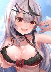 Rule 34 | 1girl, absurdres, alternate costume, bikini, black bikini, black collar, black hair, blue sky, blush, braid, breasts, center-flap bangs, collar, commentary request, double-parted bangs, fingernails, frilled bikini, frills, grey hair, hair ornament, hairclip, heart pendant, highres, hololive, large breasts, long hair, looking at viewer, lotion, multi-strapped bikini top, multicolored hair, official alternate hair length, official alternate hairstyle, open mouth, plaid, plaid bikini, red bikini, red eyes, sakamata chloe, sexually suggestive, shagaihi, side braid, sky, smile, solo, straight hair, streaked hair, suggeee486, sunscreen, swimsuit, two-tone bikini, upper body, virtual youtuber