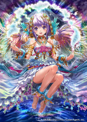 Rule 34 | 1girl, :d, anklet, armband, bare shoulders, barefoot, blush, choker, dress, hair ornament, jewelry, long hair, mountain, necklace, open mouth, purple eyes, purple hair, ripples, sakiyamama, smile, solo, tenka touitsu chronicle, twintails, very long hair, water