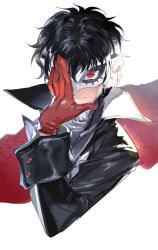 Rule 34 | 10s, 1boy, amamiya ren, black hair, code geass, domino mask, emmmerald, fukuyama jun, gloves, lelouch vi britannia, male focus, mask, persona, persona 5, red eyes, red gloves, smile, solo, twitter username, upper body, voice actor connection
