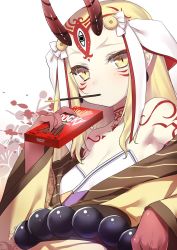 Rule 34 | 1girl, 47agdragon, artist name, bare shoulders, beads, blonde hair, blush, breasts, cleavage, earrings, eating, facial mark, fate/grand order, fate (series), food, highres, holding, horns, ibaraki douji (fate), japanese clothes, jewelry, kimono, long hair, looking at viewer, markings, mouth hold, off shoulder, oni, oni horns, pocky, pocky day, pointy ears, prayer beads, slit pupils, small breasts, solo, upper body, yellow eyes