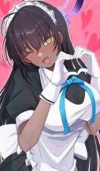 Rule 34 | 1girl, @ @, ahoge, apron, black dress, black hair, blue archive, blush, breasts, cafenami, dark-skinned female, dark skin, dress, frilled apron, frills, gloves, halo, heart, heart hands, highres, karin (blue archive), large breasts, long hair, looking at viewer, maid, maid apron, maid headdress, one eye closed, open mouth, purple halo, short sleeves, solo, upper body, white apron, white gloves, yellow eyes