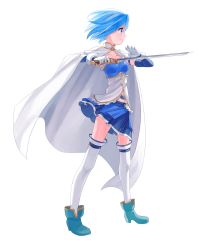 Rule 34 | 10s, 1girl, armband, bad id, bad pixiv id, belt, blue eyes, blue hair, cape, gloves, highres, magical girl, mahou shoujo madoka magica, mahou shoujo madoka magica (anime), matching hair/eyes, miki sayaka, pambabam, profile, short hair, simple background, smile, solo, soul gem, sword, thighhighs, weapon, white background, zettai ryouiki