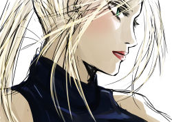 Rule 34 | 1girl, bare shoulders, blonde hair, close-up, eyelashes, female focus, from side, green eyes, halterneck, hayame (m ayame), lips, lipstick, long hair, makeup, ponytail, sarah bryant, solo, virtua fighter