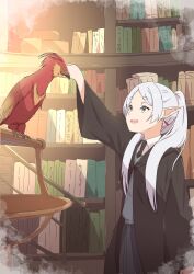 Rule 34 | 1girl, absurdres, bird, book, bookshelf, crossover, earrings, elf, fawkes, frieren, green eyes, harry potter (series), highres, jewelry, kaai yuu, long hair, looking at animal, necktie, open mouth, phoenix, pointy ears, skirt, solo, sousou no frieren, sweater, twintails, white hair, wizarding world