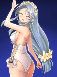 Rule 34 | 1girl, absurdres, ass, asymmetrical bangs, blue background, casual one-piece swimsuit, closed eyes, commentary request, cowboy shot, facing viewer, flower, frilled swimsuit, frills, from behind, gradient background, grey hair, hair flower, hair ornament, hairband, highleg, highleg swimsuit, highres, kantai collection, long hair, oekaki lemon, official alternate costume, one-piece swimsuit, sagiri (kancolle), side-tie swimsuit, solo, swept bangs, swimsuit, white one-piece swimsuit