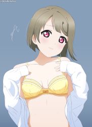 Rule 34 | 1girl, absurdres, alter real zero, artist name, artist request, bare shoulders, blue background, blush, bra, breasts, brown hair, collarbone, female focus, grey hair, highres, light brown hair, long sleeves, looking at viewer, love live!, love live! nijigasaki high school idol club, medium breasts, nakasu kasumi, naked shirt, open clothes, open shirt, parted lips, pink eyes, purple eyes, shirt, short hair, smile, solo, underwear, upper body, white shirt, yellow bra