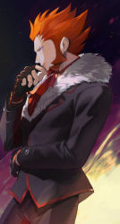 Rule 34 | 1boy, black jacket, black pants, commentary, creatures (company), facial hair, fingerless gloves, from side, fur-trimmed jacket, fur trim, game freak, gloves, hand up, highres, jacket, kmtk, long sleeves, lysandre (pokemon), male focus, nintendo, orange hair, pants, parted lips, pokemon, pokemon xy, solo, spiked hair, symbol-only commentary, team flare