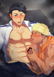 Rule 34 | &gt; o, 2boys, abs, bar censor, bara, bare pectorals, bed, black legwear, black pants, blonde hair, blush, censored, commission, dark-skinned male, dark skin, erection, haiki (tegusu), handjob, highres, hood, hood down, hoodie, large pectorals, licking, licking nipple, looking at another, lying, male focus, male pubic hair, multiple boys, muscular, muscular male, navel, nipple stimulation, nipples, on back, on bed, one eye closed, open clothes, open fly, open mouth, open pants, open shirt, orange hoodie, original, pants, pectorals, penis, pubic hair, reverse nursing handjob, shirt, short hair, skeb commission, sleeveless, sleeveless hoodie, sweat, tongue, tongue out, undercut, white shirt, yaoi