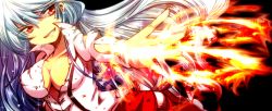 Rule 34 | 1girl, bow, breasts, cleavage, female focus, fire, fujiwara no mokou, grin, hair bow, large breasts, long hair, r-ko (rayla), red eyes, smile, solo, suspenders, torn clothes, touhou, white hair