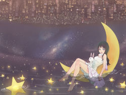 Rule 34 | 1girl, bad id, bad pixiv id, barefoot, black hair, blue eyes, rabbit, city, cityscape, crescent, crescent moon, dress, feet, honoji, moon, night, on crescent, partially submerged, reflection, scarf, sitting, soaking feet, solo, star (symbol), upside-down, water