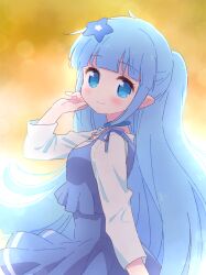 Rule 34 | 1girl, adjusting hair, backlighting, blue choker, blue dress, blue eyes, blue hair, blunt bangs, choker, closed mouth, commentary request, cowboy shot, dress, from side, hair ornament, hand up, highres, ikzw, key, long hair, long sleeves, looking at viewer, pointy ears, ponytail, rilu rilu fairilu, rin (rilu rilu fairilu), shirt, smile, solo, standing, star (symbol), star hair ornament, very long hair, white shirt, yellow background