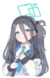 Rule 34 | 1girl, absurdly long hair, absurdres, aris (blue archive), black hair, blue archive, blue eyes, blue necktie, blush, closed mouth, collared shirt, green halo, halo, highres, jacket, long hair, long sleeves, necktie, one side up, open clothes, open jacket, opossumachine, shirt, simple background, smile, solo, two-sided fabric, two-sided jacket, upper body, very long hair, white background, white jacket, white shirt