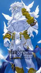 Rule 34 | 1boy, abs, ancient greek clothes, animal, animal on shoulder, artistic error, bara, beard, bird, bird on shoulder, black sclera, bulge, colored sclera, copyright name, corrupted twitter file, facial hair, fate/grand order, fate (series), feet out of frame, from below, gauntlets, glowing, glowing eyes, gold, greco-roman clothes, highres, large pectorals, loincloth, long beard, male focus, mature male, mixiaomoyuwangdamo (wang da mo), mountain, muscular, muscular male, navel, nipples, old, old man, pectorals, pigeon, revision, short hair, smile, solo, standing, stomach, thick thighs, thighs, topless male, zeus (fate)