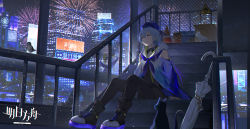 Rule 34 | 1boy, absurdres, androgynous, arknights, bird, blue hair, blue hat, building, city, city lights, cityscape, fireworks, hat, high tops, highres, jintian ye yao 404 le ne, looking to the side, mizuki (arknights), pale skin, pantyhose, pantyhose under shorts, purple eyes, shoes, shorts, sitting, sitting on stairs, skyscraper, sneakers, stairs, traffic cone