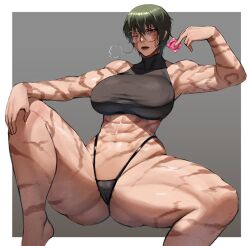 Rule 34 | 1girl, abs, biceps, black panties, border, breasts, burn scar, commentary, condom, condom wrapper, crop top, english commentary, ethan69 (anhuzart), feet out of frame, glasses, gluteal fold, highres, jujutsu kaisen, large breasts, looking at viewer, muscular, muscular female, navel, outside border, panties, round eyewear, scar, scar on arm, scar on face, scars all over, short hair, sleeveless, solo, spread legs, stomach, thick thighs, thighs, thong, too many, scars all over, underwear, white border, zen&#039;in maki