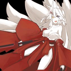 Rule 34 | 1girl, animal ears, bare shoulders, black background, blue eyes, breasts, cleavage, clothes down, fox ears, fox tail, heterochromia, highres, hikimayu, horns, japanese clothes, large breasts, mikoto (oi plus), nail polish, nipple slip, nipples, original, simple background, single horn, solo, sword, tail, weapon, white hair, yellow eyes