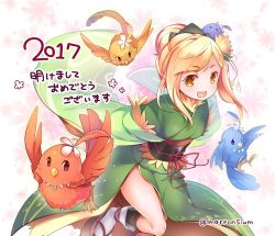 Rule 34 | &gt;:d, 1girl, 2017, :d, bird, blonde hair, flower knight girl, fukujyusou (flower knight girl), hair bun, japanese clothes, jewelry, kimono, looking at viewer, mg kurino, necklace, open mouth, single hair bun, smile, twitter username, v-shaped eyebrows, wide sleeves, yellow eyes, yukata