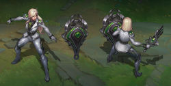 Rule 34 | 1girl, alternate hair length, alternate hairstyle, black shirt, blonde hair, breasts, collared shirt, debonair leona, green ribbon, hair ornament, highres, holding, holding shield, holding sword, holding weapon, jacket, large breasts, league of legends, leona (league of legends), long hair, long sleeves, multiple views, official alternate costume, outdoors, ribbon, see-through, shield, shirt, short hair, sword, vegacolors, weapon, white jacket