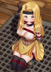Rule 34 | 1girl, absurdres, alternate costume, arms behind back, bdsm, belt, blonde hair, blush, bondage, bound, bound arms, breasts, brigid (fire emblem), brown eyes, cailin020, cleavage, corset, dress, fire emblem, fire emblem: genealogy of the holy war, fire emblem heroes, gag, gagged, headband, highres, kidnapped, kneeling, long hair, nintendo, pirate, rope, solo, thighhighs