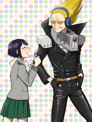 Rule 34 | 1boy, 1girl, amplifier, belt, black hair, black jacket, black pants, blazer, blonde hair, bob cut, boku no hero academia, costume, eye contact, facial hair, fingerless gloves, gloves, hair up, hands in pockets, headphones, holding, holding key, inverted bob, jacket, jirou kyouka, key, leather, leather jacket, leather pants, long hair, looking at another, mature male, mustache, osutoraria (1ndi g0), pants, pleated skirt, polka dot, polka dot background, present mic, school uniform, shiny clothes, short hair, skirt, smile, speaker, stereo, teacher and student, tight clothes, tight pants, tinted eyewear