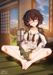 Rule 34 | 1girl, barefoot, black hair, blue eyes, blush, breasts, butterfly sitting, clothes lift, collarbone, covered erect nipples, girls und panzer, glasses, green skirt, heart, highres, indoors, large breasts, looking at viewer, megadeko, miniskirt, navel, no panties, ooarai school uniform, open mouth, oryou (girls und panzer), pleated skirt, ponytail, school uniform, shiny skin, shirt lift, shouji, sitting, skirt, sky, sliding doors, smile, solo