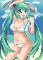 Rule 34 | 1girl, :d, absurdres, aqua eyes, arm up, bikini, breasts, cleavage, front-tie top, green hair, hatsune miku, highres, k.s. (iznmo), large breasts, long hair, medium breasts, navel, open mouth, plump, shinbashi katsura, skindentation, smile, solo, swimsuit, twintails, underboob, very long hair, vocaloid, white bikini