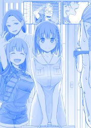 Rule 34 | 1boy, 3girls, :d, ^ ^, ai-chan&#039;s mother (tawawa), ai-chan&#039;s sister (tawawa), ai-chan (tawawa), arm up, backpack, bag, bare shoulders, blue theme, blunt bangs, braid, breasts, close-up, closed eyes, collarbone, comic, commentary request, cowboy shot, dress, emphasis lines, eyebrows, getsuyoubi no tawawa, glasses, hair ornament, hairclip, height difference, himura kiseki, holding, holding bag, indoors, large breasts, monochrome, mother and daughter, multiple girls, music, old, old man, open mouth, original, over-rim eyewear, overalls, parted bangs, profile, semi-rimless eyewear, shirt, short hair, short sleeves, siblings, side braid, silent comic, sisters, sleeveless, sleeveless dress, smile, standing, striped clothes, striped shirt, sweat, talking, v arms, walk-in, waving, wrinkled skin