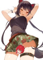 Rule 34 | 1girl, absurdres, ange katrina, arms up, black hair, black shirt, blue nails, blush, bracelet, breasts, censored, commentary, cowboy shot, dog girl, dog hair ornament, fang, floral print, from below, green skirt, hair ornament, hana mori, heterochromia, highres, inui toko, jewelry, large breasts, long hair, looking at viewer, medium breasts, miniskirt, nail polish, nijisanji, open mouth, red eyes, shirt, simple background, skin fang, skirt, sleeveless, smile, solo, thigh strap, very long hair, virtual youtuber, white background, yellow eyes