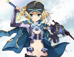 Rule 34 | 1girl, ahoge, artoria pendragon (fate), blonde hair, blue eyes, bodysuit, dual wielding, excalibur (fate/stay night), excalibur morgan (fate), fate/grand order, fate (series), hat, holding, holding sword, holding weapon, jacket, looking at viewer, mysterious heroine x (fate), navel, rojiura satsuki : chapter heroine sanctuary, saber (fate), smile, solo, sword, tsuezu, weapon