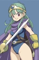 Rule 34 | 1girl, blue background, blue leotard, cape, capelet, circlet, cloak, commentary request, cowboy shot, dragon quest, dragon quest iii, gloves, green hair, highres, leotard, long hair, looking at viewer, muramasa mikado, purple cape, red eyes, roto (dq3), simple background, smile, solo, sword, weapon, yellow gloves