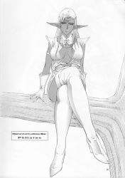 Rule 34 | 1girl, armlet, boots, breasts, breasts apart, center opening, cleavage, cleavage cutout, clothing cutout, crossed legs, dark-skinned female, dark elf, dark skin, elf, gloves, greyscale, high heels, highres, in tree, jewelry, large breasts, legs, long hair, long legs, looking at viewer, lucretia, monochrome, necklace, pirotess, pointy ears, record of lodoss war, scan, sitting, sitting in tree, solo, thigh boots, thighhighs, thighs, tree, white thighhighs