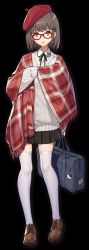 Rule 34 | 1girl, artist request, bag, beret, black background, brown footwear, brown hair, game cg, hat, highres, holding, holding bag, mahjong soul, ninomiya hana, official art, open mouth, pleated skirt, red hat, simple background, skirt, solo, standing, sweater, thighhighs, yellow eyes, yostar