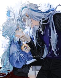 Rule 34 | 1boy, 1girl, absurdres, ahoge, alternate costume, artist name, black shirt, blue eyes, blue hair, blue nails, blush, closed mouth, doughnut, eating, ehkf, face-to-face, fingernails, food, furina (genshin impact), genshin impact, grey necktie, hair between eyes, hand on another&#039;s chin, highres, holding, holding food, light blue hair, long hair, multicolored hair, nail polish, necktie, neuvillette (genshin impact), parted lips, purple eyes, shirt, sidelocks, sitting, streaked hair, table, two-tone hair, white hair