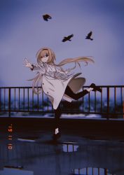 Rule 34 | 1girl, blonde hair, coat, dated, deg (deguana), full body, hairband, idolmaster, idolmaster cinderella girls, kurosaki chitose, lens flare, long hair, looking at viewer, outdoors, outstretched arms, smile, solo, standing, standing on one leg, tiptoes, vignetting, white coat