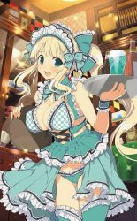 Rule 34 | 1girl, bare shoulders, blonde hair, bra, breasts, cafe, cleavage, cleavage cutout, clothing cutout, dress, green bra, green dress, green eyes, green thighhighs, hair ribbon, highres, long hair, looking at viewer, maid headdress, open mouth, ponytail, revealing clothes, ribbon, senran kagura, sideboob, smile, thick thighs, thighhighs, thighs, underwear, waitress, waitress uniform, yomi (senran kagura)