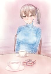 Rule 34 | 1girl, blue sweater, breasts, brown eyes, brown hair, chair, coffee, commentary request, cup, highres, kaga (kancolle), kantai collection, large breasts, pov, ribbed sweater, saucer, side ponytail, solo, sweater, teacup, turtleneck, turtleneck sweater, upper body, yuichi (sp sakura yoshi)