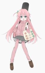 Rule 34 | 1girl, bag, blue eyes, bocchi the rock!, cube hair ornament, full body, gotoh hitori, guitar case, hair between eyes, hair ornament, highres, instrument case, jacket, loafers, long hair, moga (ponco gris), no nose, pants, pants under skirt, pink hair, pink jacket, pink pants, pink track suit, shoes, side ahoge, solo, sweat, tote bag, track jacket, white background