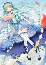 Rule 34 | 1girl, alternate costume, bloomers, blue dress, blue thighhighs, bow, detached sleeves, dress, female focus, frilled dress, frills, frog hair ornament, green hair, hair ornament, hair ribbon, hair tubes, huayue, kochiya sanae, leg ribbon, long hair, maid headdress, outstretched arm, outstretched hand, petals, ribbon, sash, smile, solo, thighhighs, touhou, underwear, wide sleeves, zettai ryouiki