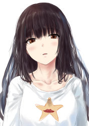 Rule 34 | 1girl, bad id, bad pixiv id, black hair, blush, breasts, brown eyes, collarbone, commentary request, gohei (aoi yuugure), hair between eyes, highres, lips, long hair, looking at viewer, original, parted lips, print shirt, shirt, simple background, small breasts, solo, star (symbol), white background, white shirt
