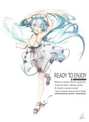 Rule 34 | 1girl, aqua eyes, aqua hair, aqua nails, bikini, breasts, cleavage, dress, english text, engrish text, floating hair, full body, hair between eyes, hand up, hatsune miku, highres, long hair, looking at viewer, medium breasts, nail polish, open mouth, ranguage, saihate (d3), sandals, see-through, simple background, solo, swimsuit, tattoo, twintails, very long hair, vocaloid, walking, white background, white bikini, white dress