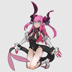 Rule 34 | 1girl, black panties, blue eyes, bow, bow panties, closed mouth, elizabeth bathory (fate), elizabeth bathory (fate/extra ccc), elizabeth bathory (first ascension) (fate), fate/grand order, fate (series), finger cots, frills, grey background, highres, horns, kneeling, lamian (pixiv415608), long hair, panties, pink hair, pointy ears, simple background, smile, solo, spikes, tail, turtleneck, underwear, white footwear