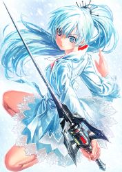 Rule 34 | 1girl, blue dress, blue eyes, blue hair, dress, hair ornament, holding, holding sword, holding weapon, jewelry, lain, long hair, long sleeves, looking at viewer, matching hair/eyes, necklace, ponytail, rwby, scar, scar across eye, scar on face, solo, sword, very long hair, weapon, weiss schnee, wide sleeves