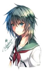 Rule 34 | 10s, 1girl, 2016, bad id, bad pixiv id, blue hair, collarbone, dated, flat chest, green eyes, heterochromia, kantai collection, kiso (kancolle), looking at viewer, neckerchief, no headwear, portrait, school uniform, serafuku, short hair, short sleeves, signature, simple background, sketch, solo, white background, yellow eyes, yuihira asu