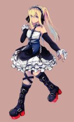 Rule 34 | 1girl, bad id, bad pixiv id, bare shoulders, blonde hair, blue eyes, boots, bubble skirt, choker, dead or alive, dead or alive 5, detached sleeves, flat chest, frills, full body, gothic lolita, hairband, harness, knee boots, lolita fashion, long hair, marie rose, mokokko, platform boots, platform footwear, skirt, solo, thigh strap, twintails