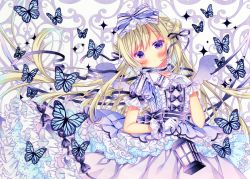 Rule 34 | 1girl, bad id, bad pixiv id, blue butterfly, blush, bow, bug, butterfly, center frills, choker, collared dress, double bun, dress, frilled gloves, frilled shirt collar, frills, gloves, hair bow, hair bun, hair ribbon, insect, lamp, layered dress, long hair, marker (medium), original, puffy short sleeves, puffy sleeves, purple dress, purple eyes, puu (kari---ume), ribbon, ribbon choker, short sleeves, solo, traditional media, very long hair, waist bow, white gloves